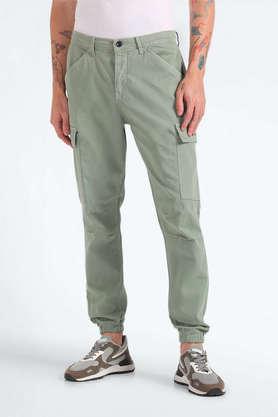 solid cotton relaxed fit men's casual trousers - green