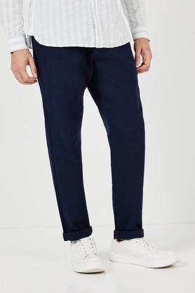 solid cotton relaxed fit men's casual trousers - navy