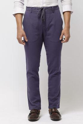 solid cotton relaxed fit men's casual wear trousers - purple