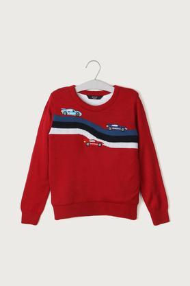 solid cotton round neck boys sweater - red