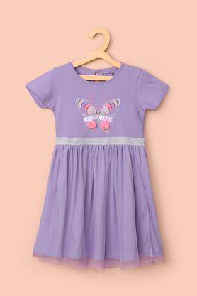 solid cotton round neck girl's casual wear dress - lavender