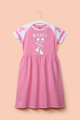 solid cotton round neck girl's casual wear dress - pink