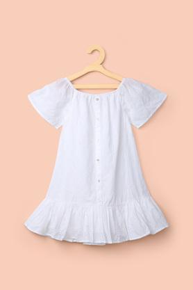 solid cotton round neck girl's casual wear dress - white