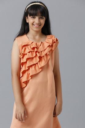 solid cotton round neck girl's dress - orange