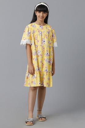 solid cotton round neck girl's dress - yellow