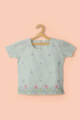 solid cotton round neck girl's top - aqua