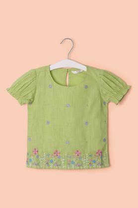 solid cotton round neck girl's top - green