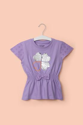 solid cotton round neck girl's top - lavender