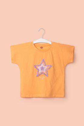 solid cotton round neck girl's top - orange