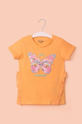 solid cotton round neck girl's top - orange