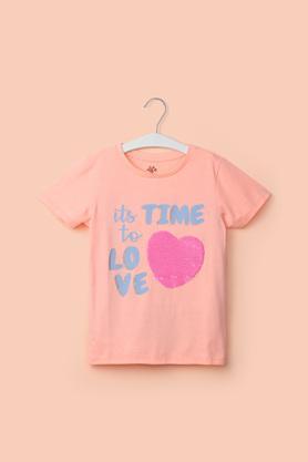 solid cotton round neck girl's top - peach