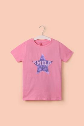 solid cotton round neck girl's top - pink