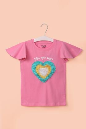 solid cotton round neck girl's top - pink