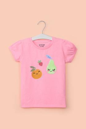 solid cotton round neck girl's top - pink