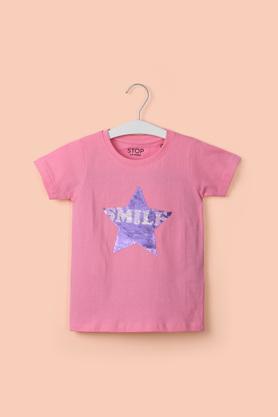 solid cotton round neck girl's top - pink
