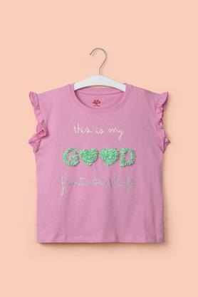 solid cotton round neck girl's top - pink