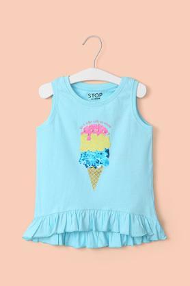 solid cotton round neck girl's top - turquoise