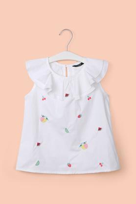solid cotton round neck girl's top - white
