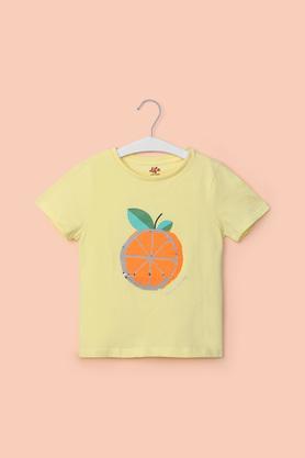 solid cotton round neck girl's top - yellow