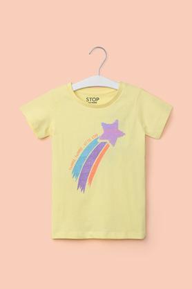 solid cotton round neck girl's top - yellow