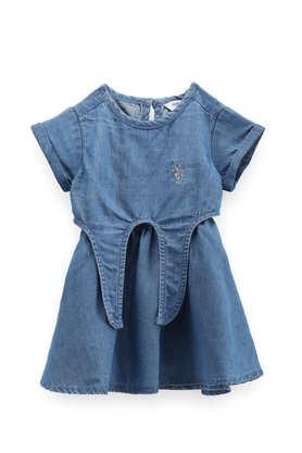 solid cotton round neck girls casual wear dress - blue