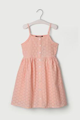 solid cotton round neck girls casual wear dress - peach