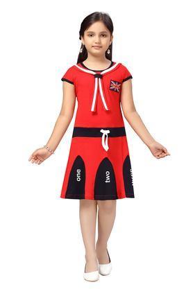 solid cotton round neck girls casual wear dress - red