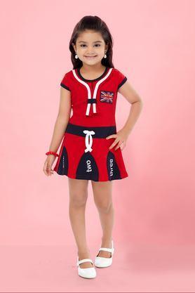 solid cotton round neck girls casual wear dress - red