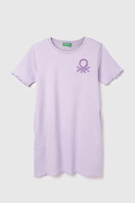 solid cotton round neck girls dress - lilac