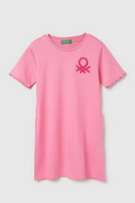 solid cotton round neck girls dress - pink