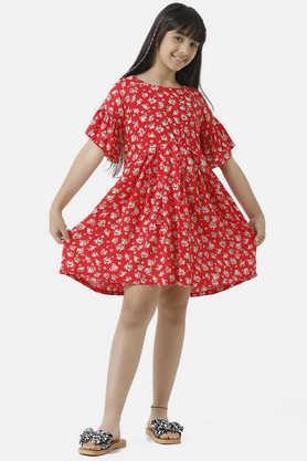 solid cotton round neck girls dress - red