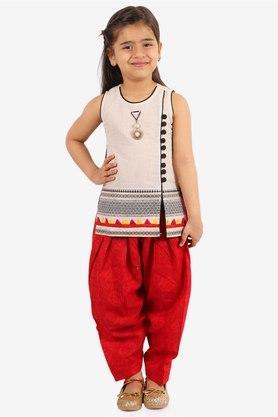 solid cotton round neck girls ethnic set - white