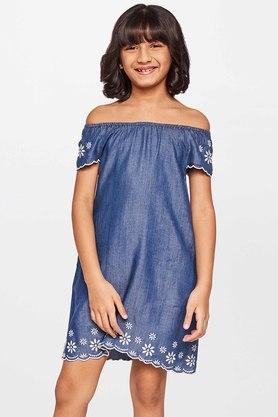 solid cotton round neck girls fusion dress - mid blue