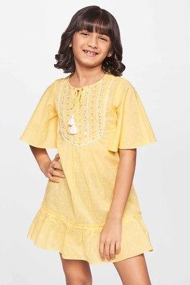 solid cotton round neck girls fusion dress - yellow