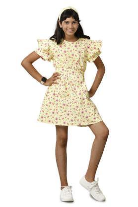 solid cotton round neck girls fusion wear dress - yellow
