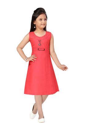 solid cotton round neck girls party wear dress - red