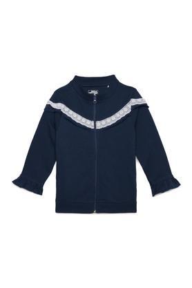 solid cotton round neck girls sweatshirt - navy