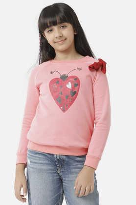 solid cotton round neck girls sweatshirt - pink