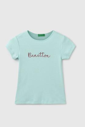 solid cotton round neck girls t-shirt - aqua