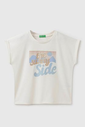 solid cotton round neck girls t-shirt - off white