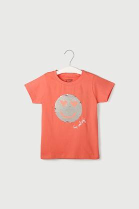 solid cotton round neck girls top - coral