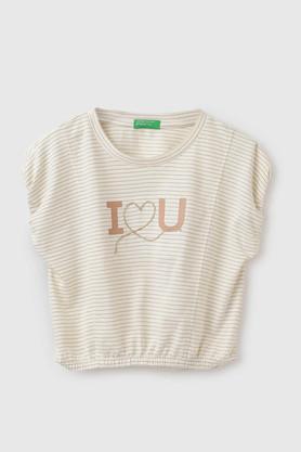 solid cotton round neck girls top - cream