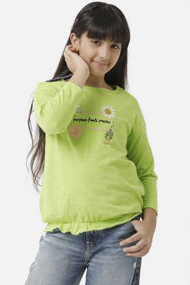 solid cotton round neck girls top - green