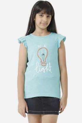 solid cotton round neck girls top - green