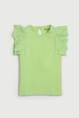 solid cotton round neck girls top - lime green
