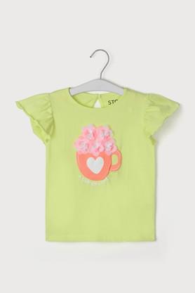 solid cotton round neck girls top - lime green