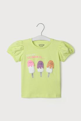 solid cotton round neck girls top - lime green