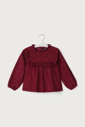 solid cotton round neck girls top - maroon