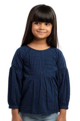 solid cotton round neck girls top - navy