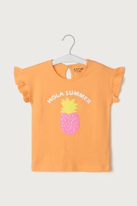 solid cotton round neck girls top - orange